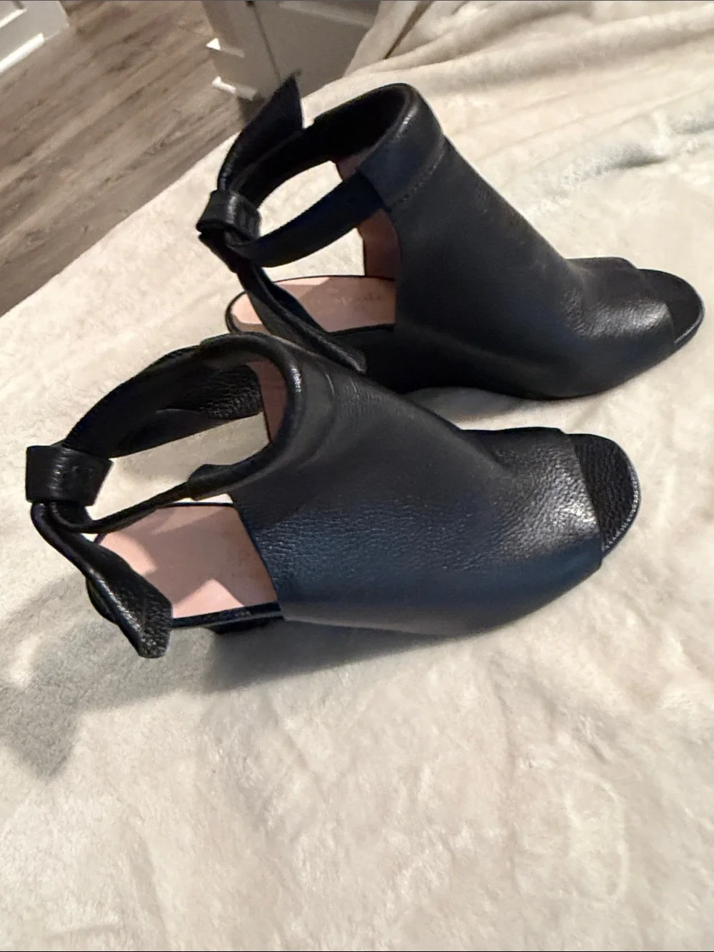 kate spade Black Leather Open-Toe Ankle-Wrap Wedge Sandals